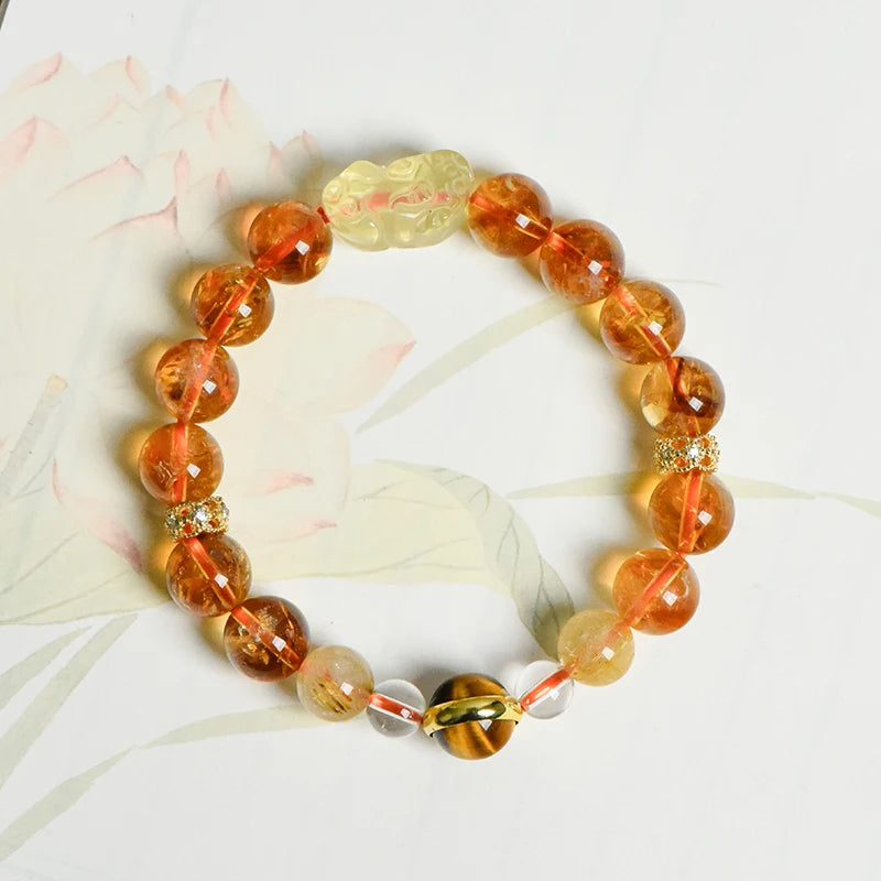 Natural Gem Citrine & Tiger's Eye Bracelet with Feng Shui Pi Xiu Charm – Spiritual Jewelry for Good Fortune