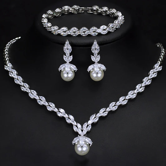 3pcs Silver Marquise-Cut Cubic Zirconia Jewelry Set – Big Pearl Drop Earrings, Bracelet & Necklace for Ladies Lisette