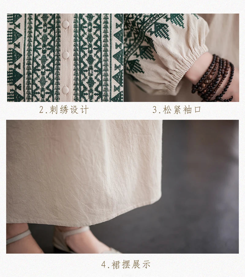 Women’s Loose Embroidered Long Dress – Extra Wide Cotton Linen with Round Neck