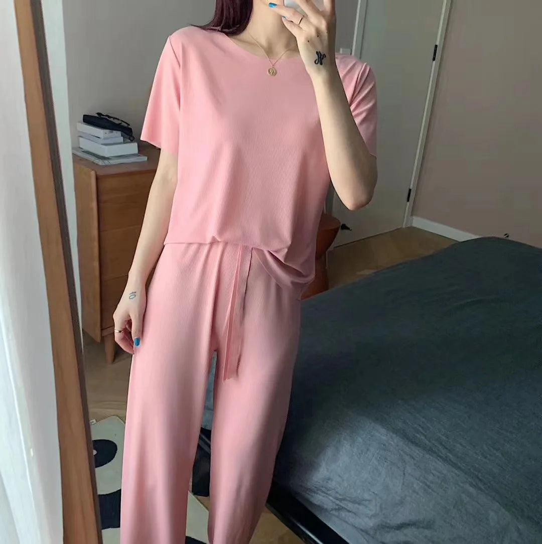 Women's Summer Casual Two-Piece Set – Solid Color Short Sleeve T-Shirt and Wide-Leg Trousers