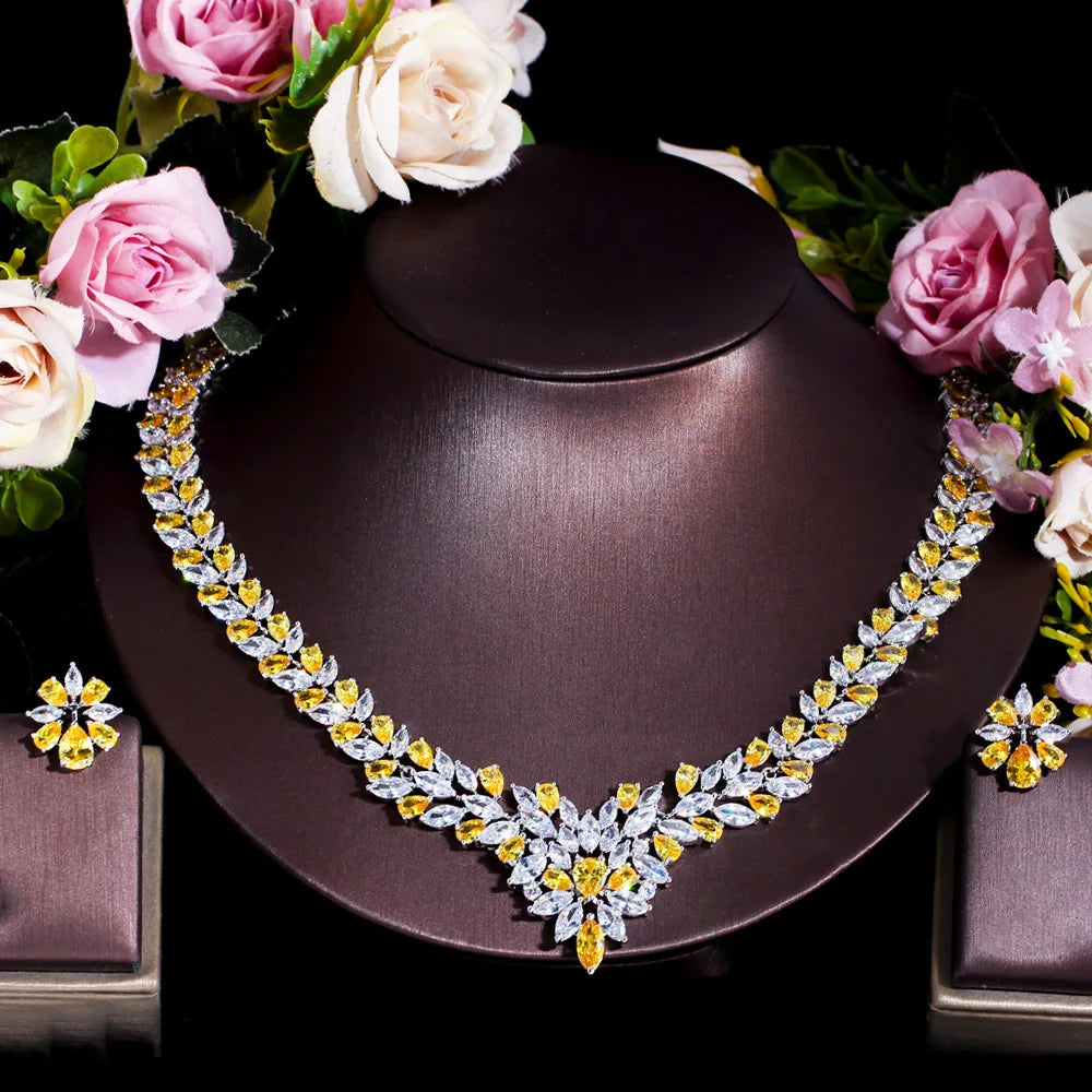 5-Color Sparkling White Cubic Zirconia Necklace & Earrings Set – Luxury Bridal Wedding Jewelry Accessories for Women Melanie