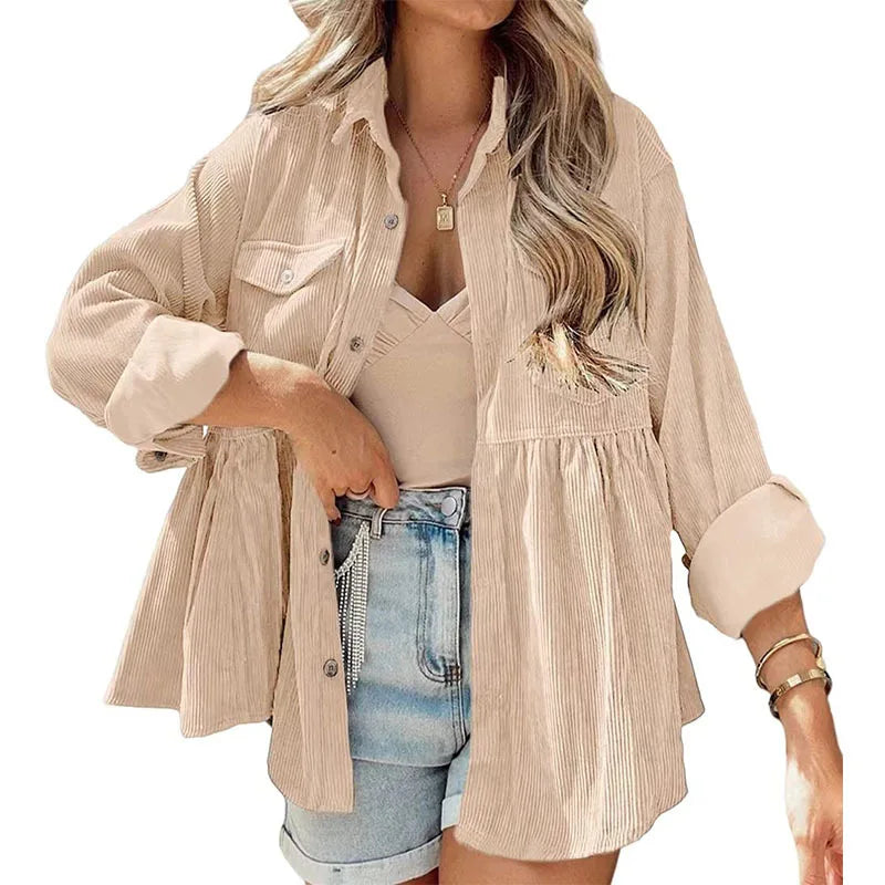 Women's Long-Sleeve Corduroy Ruffled Shirt with Button-Up Design – Elegant & Stylish Top
