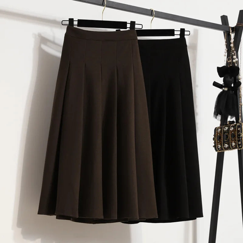 High Waist A-line Pleated Skirt Solid Color Loose Mid Long Style Elegant Casual Skirt