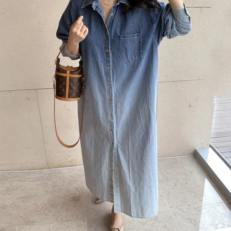 Women's French Style Denim Dress | Gradient Halo Dye, Lapel, Single-Breasted, Loose Long Sleeve Design Diane