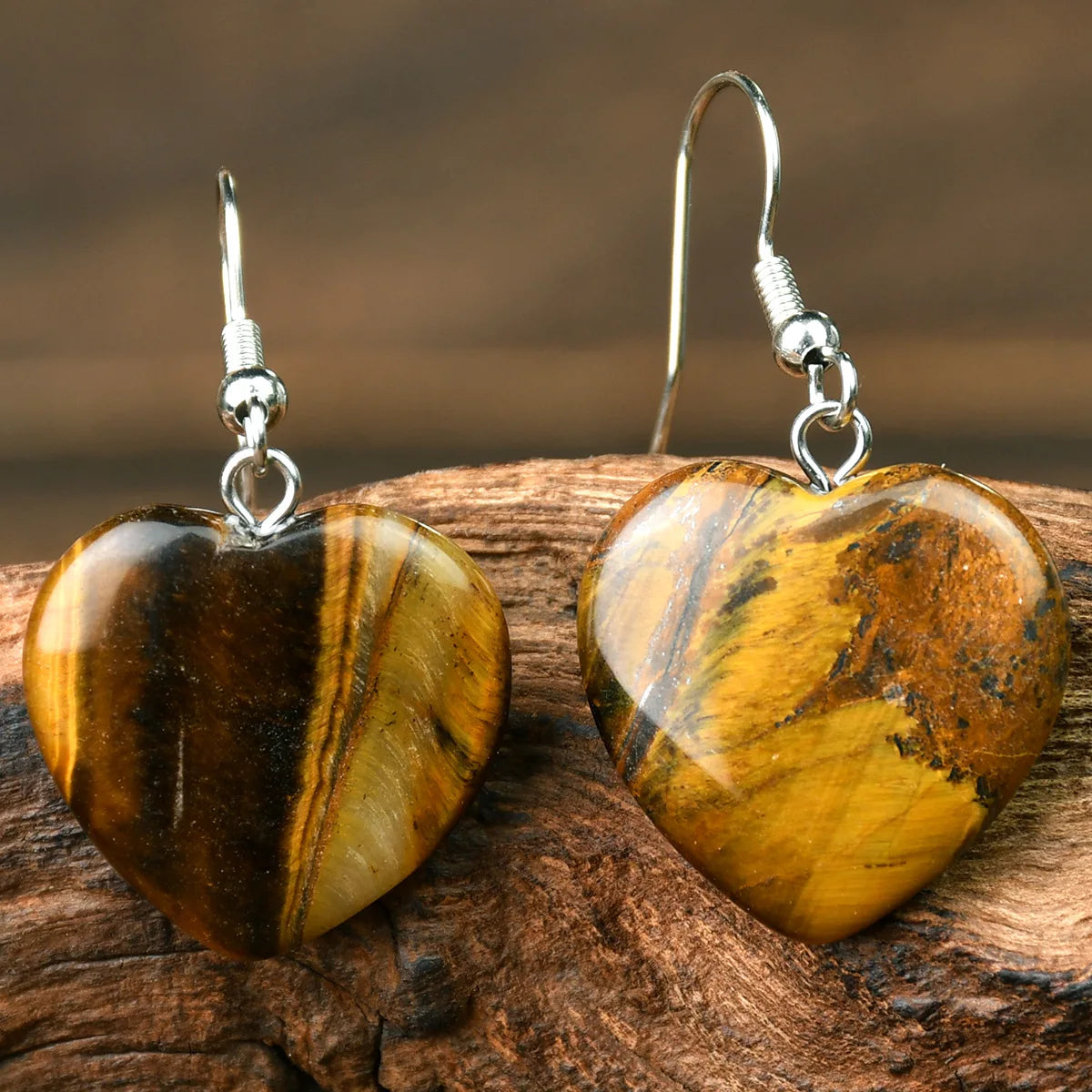 Natural Stone Dangle Earrings – Turquoise, Amethyst, Tiger Eye Heart Design, Handmade Jewelry for Women