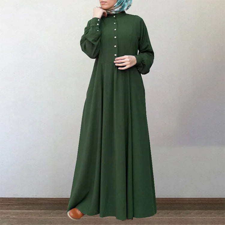Long Sleeve Retro Ethnic Abaya with Buttons | Elegant Muslim Dress for Women Amira