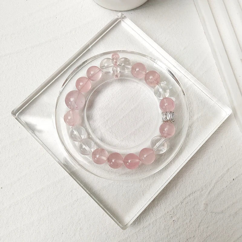 JD GEMS Premium Natural Rose and Clear Quartz Beaded Bracelet – High-Quality Genuine Quartz Jewelry for Gifts & Anniversaries