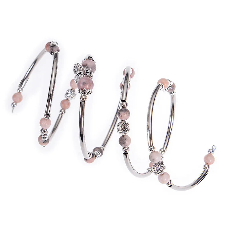 Fashion Multilayer Natural Stone Beaded Bracelet – 6MM/8MM Pink Zebra Stone with Flower Pendant | Handmade Wrap Jewelry for Women Marielle