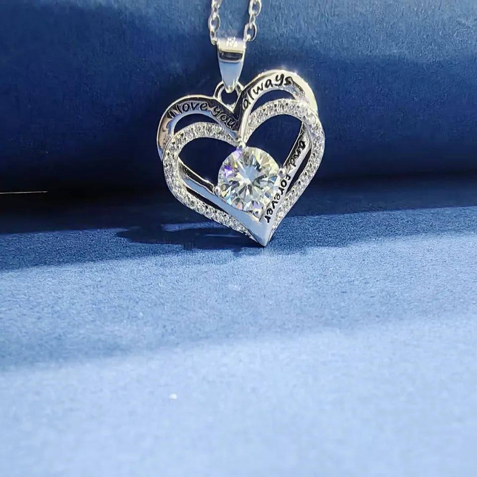 925 Sterling Silver 1 Carat Moissanite Double Love Pendant Necklace – Unique Fashion Jewelry, Perfect Holiday Gift for Girlfriend, Wife, or Mother Simone