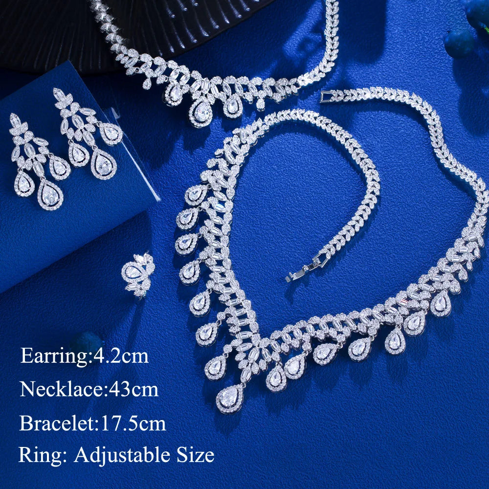 4pcs Luxury Cubic Zirconia Tassel Jewelry Set for Women – Big Necklace, Earrings, Bracelet & Ring | Bridal Wedding Jewelry Anne-Claire
