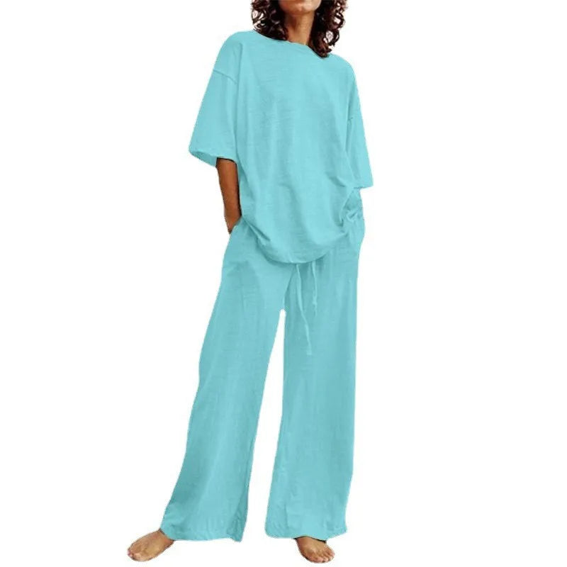 Spring & Summer Women's Cotton Linen 2-Piece Set – Casual High-Quality Half Sleeve O-Neck Top with Wide-Leg Pants