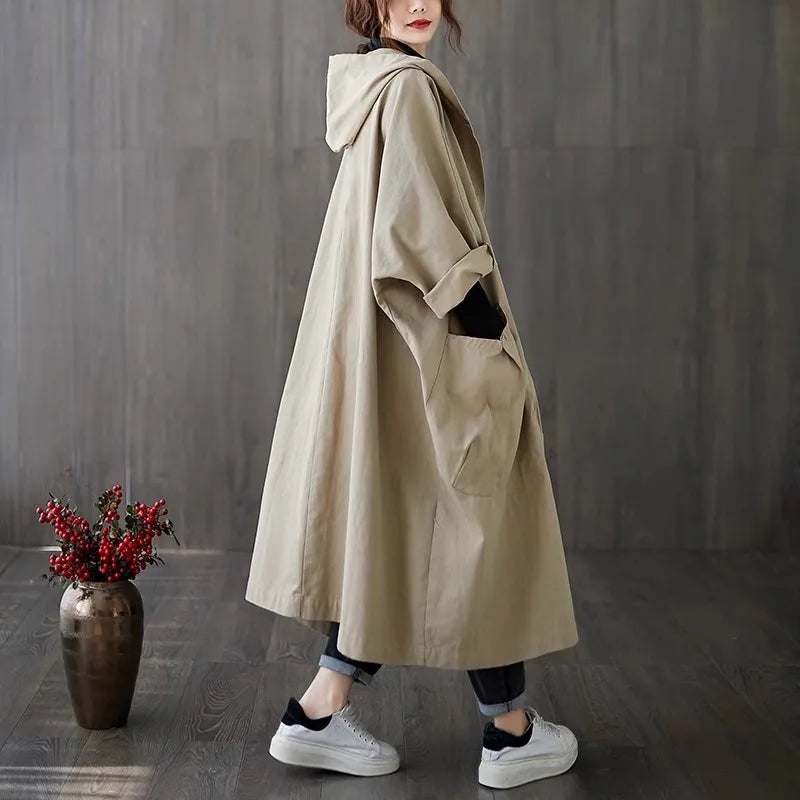 Casual Hooded Women's Coat with Pockets – Loose-Fit Long Autumn Jacket Ruby
