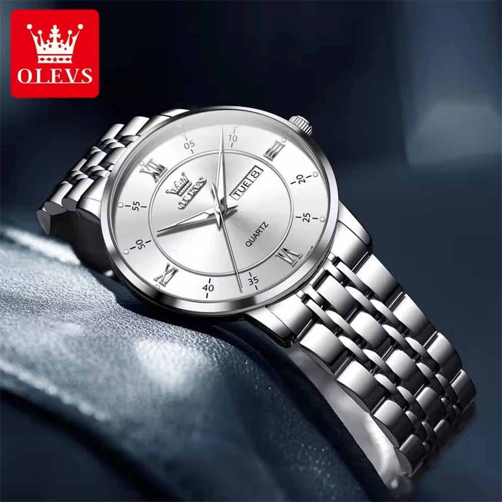 OLEVS 3680 Men's Quartz Watch – Original Movement, Stainless Steel, Waterproof, Luminous Large Dial, Date Function, New Design