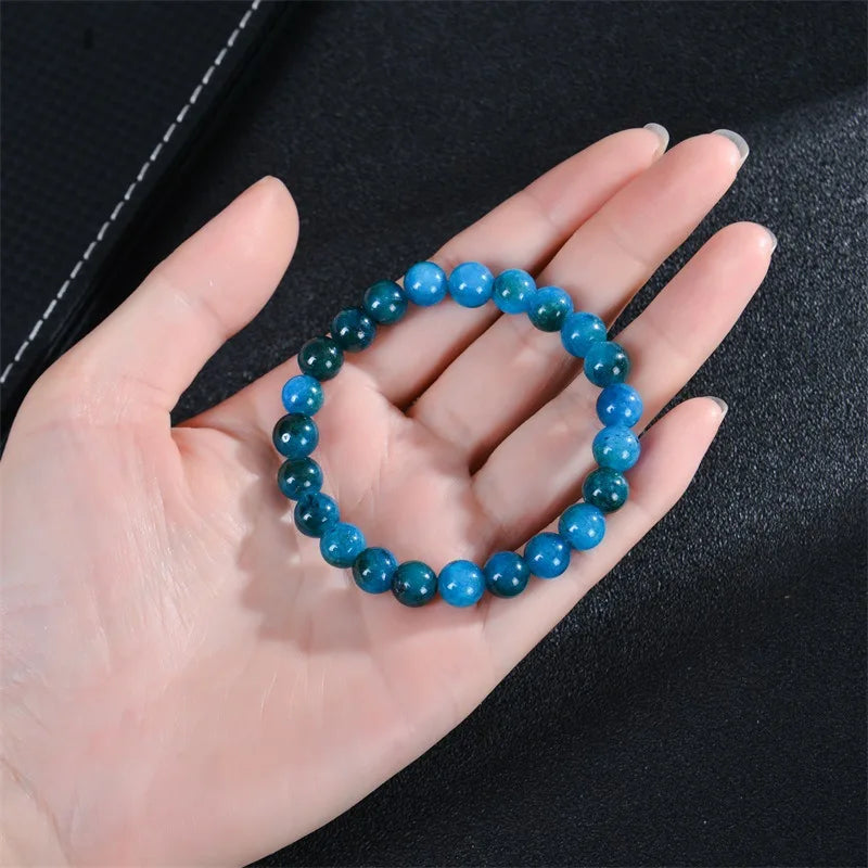 8mm Blue Apatite Natural Stone Beaded Bracelet | Handmade Geometric Elastic Crystal Jewelry for Health & Wellness Elysia