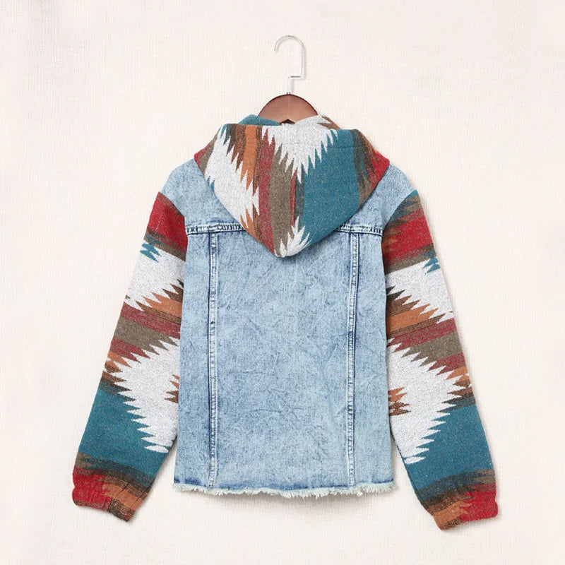 Women's Vintage Aztec Western Denim Jacket with Frayed Hem - Boho Chic Style Arabella