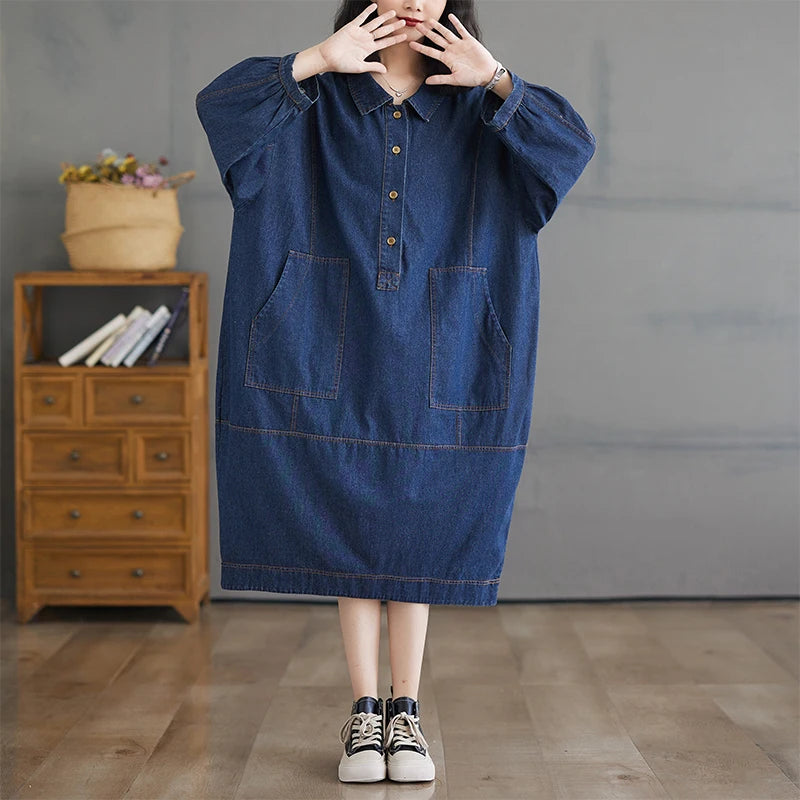 Women's Fashionable Mid to Long Denim Dress – Loose Fit, Slimming Design for a Trendy Look Kestrel