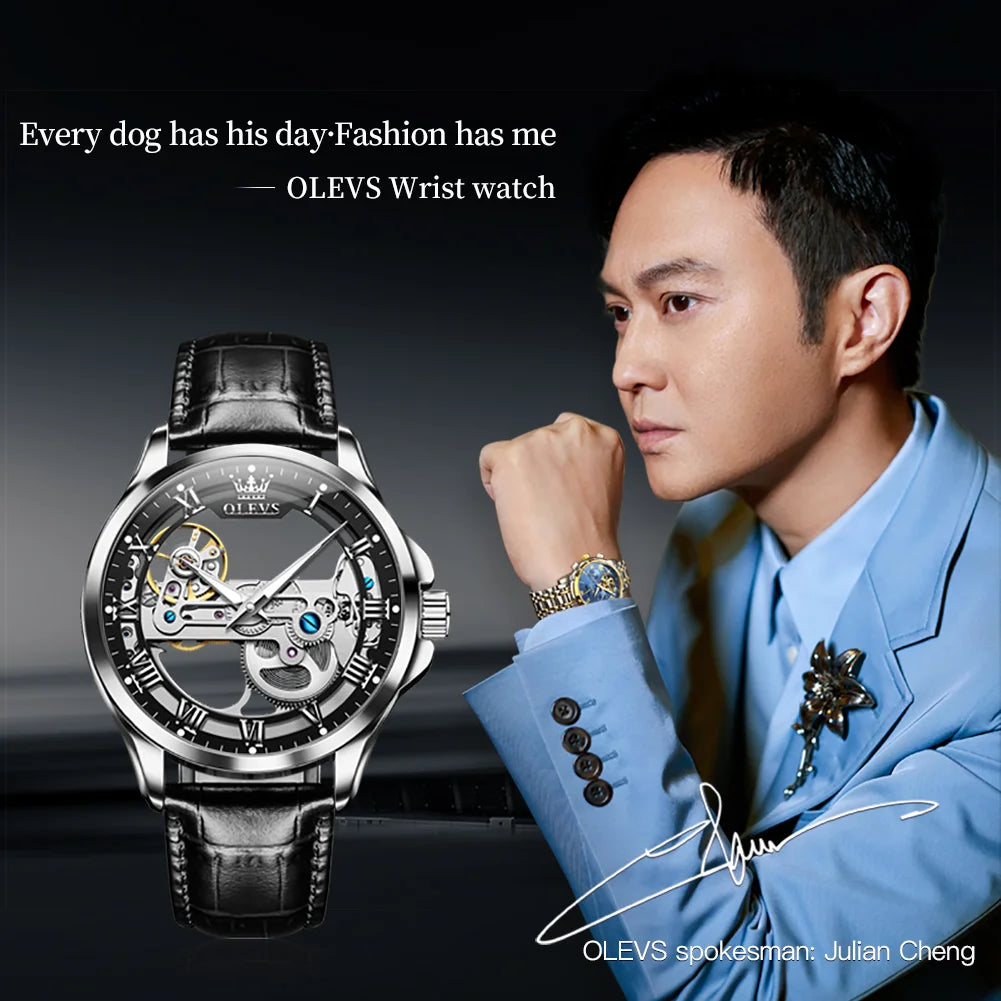 OLEVS 6661 Men's Mechanical Watch – New Design, Skeleton Dial, Real Leather Band, Waterproof, Transparent Mirror Wristwatch