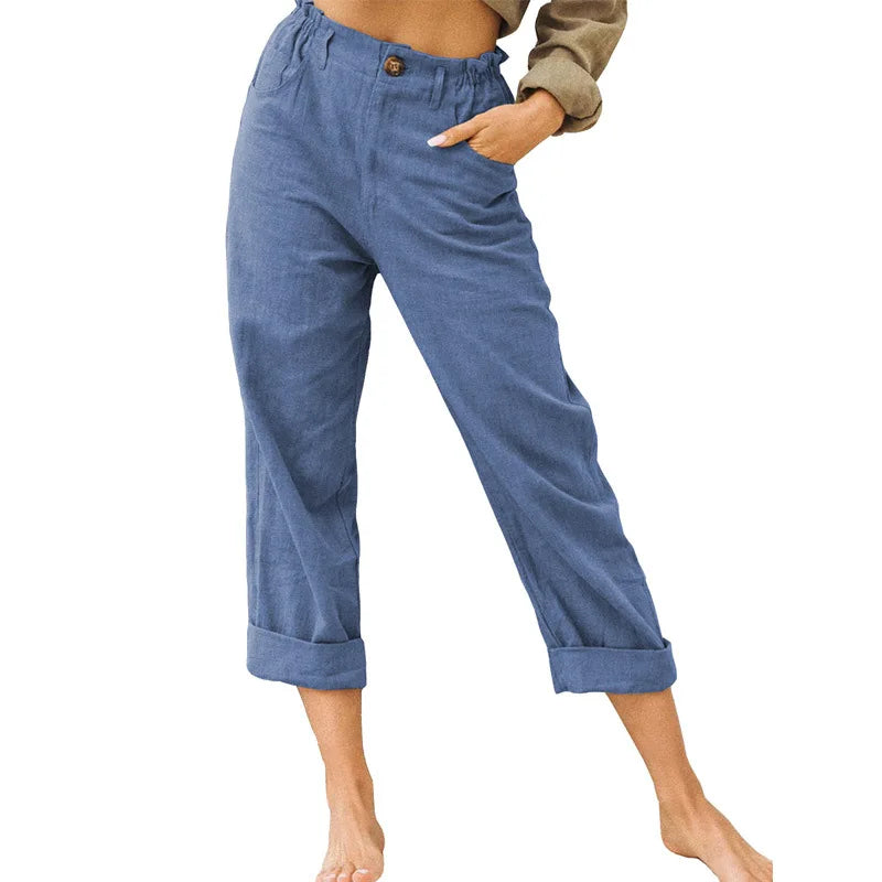 Summer High-Waist Cotton Linen Trousers | Loose Fit Casual Solid Color Pants for Women Trina