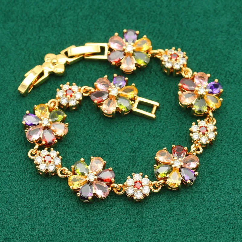 Gold-Plated Silver Wedding Jewelry Set for Women – Multi-Color Zircon Earrings, Bracelet, Pendant Necklace, and Ring Gift Aurelie