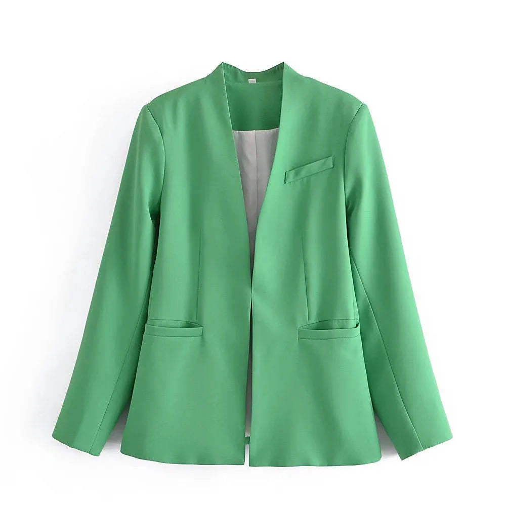 Women's Casual Long Sleeve Suit Jacket - All-Match Lapel-Free Blazer with Shoulder Pads Clemence