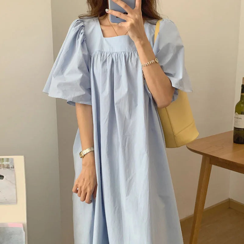 Women Summer Long Dress Minimalist Temperament Square Neck Loose Pleated Flying Sleeves Casual