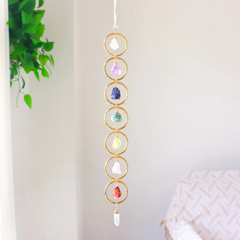 Raw Crystal Chakra Wall Hanging – Natural Crystal Sun Catcher for Home Décor, Energy Healing, and Positive Vibes
