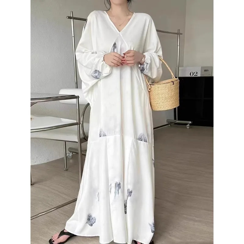 Summer Retro V-Neck Women's Dress – Ink Print, Vacation Style, Loose Fit, Batwing Sleeves