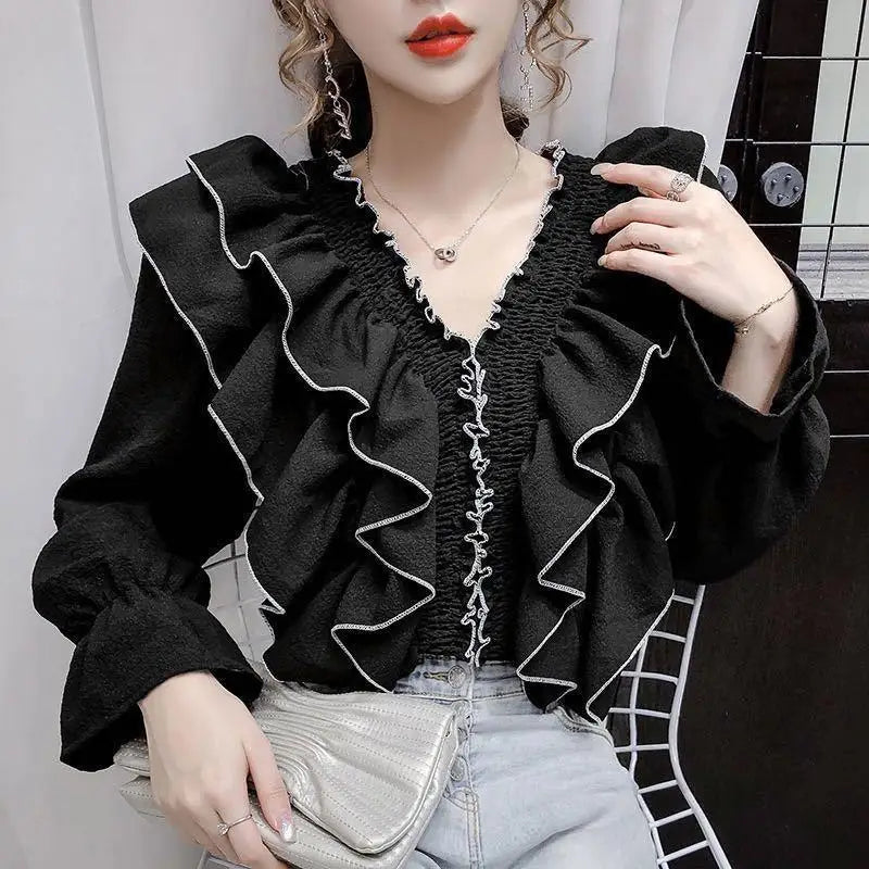 Women's Ruffle Pleated Chiffon Blouse – Court Style, Solid Color, Flare Long Sleeve Casual Top