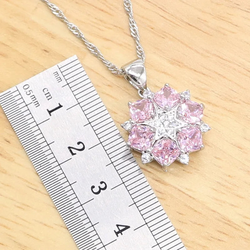 925 Sterling Silver Bridal Jewelry Set for Women – Classic Pink Zircon Bracelet, Earrings, Necklace, Pendant & Ring | Perfect for Weddings, Birthdays & Parties Christelle