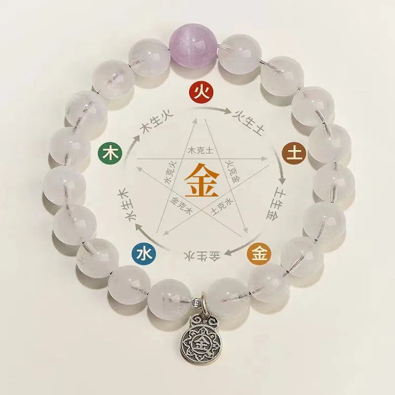 Men and Women's Five-Bracelet Set Golden Wood Water Fire Soil Balance Green Quartz Crystal Bangles