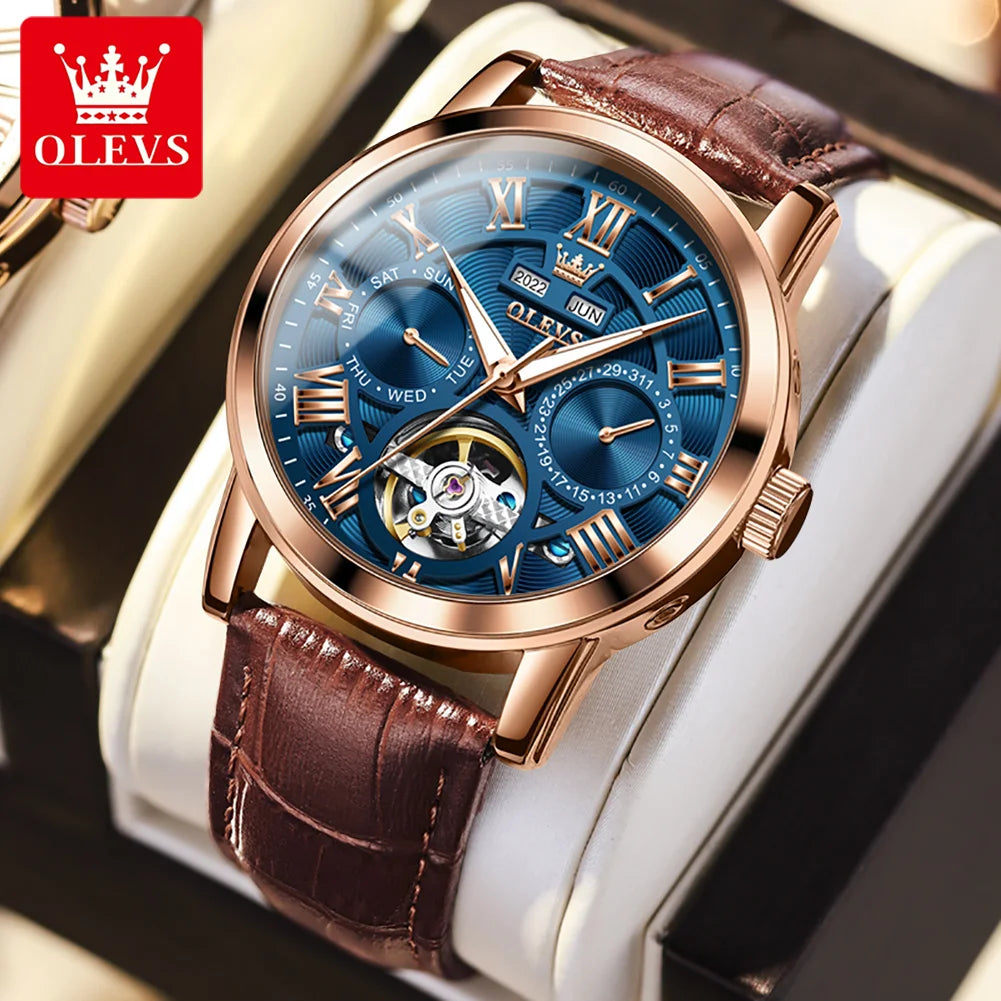 OLEVS 6668 Men's Mechanical Watch - Luxury Business Wristwatch with Genuine Leather Band, Waterproof and Luminous Design