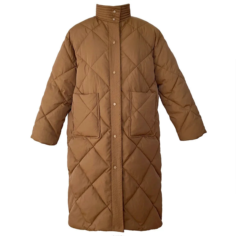 Winter Korean Style Long Cotton-Padded Coat for Women - Casual Stand-Up Collar Argyle Plaid Oversized Parka, Chic Jacket Hester