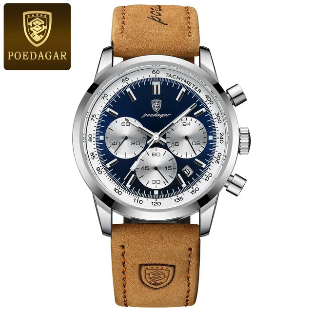 POEDAGAR 921 Top Brand Luxury Man Watch Waterproof Chronograph Luminous Date Wristwatch for Men Quartz Leather Men's Watches Sylvain