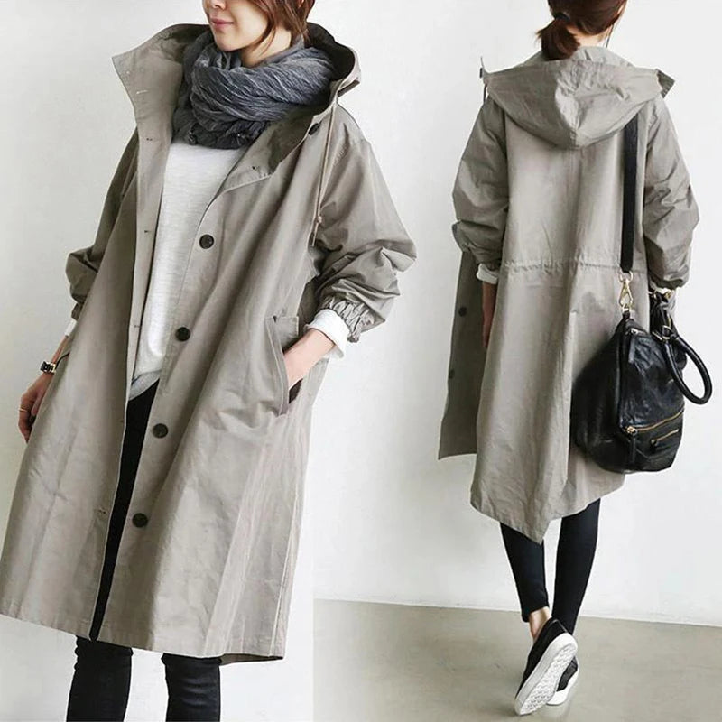 Casual Hooded Windbreaker for Women – Long Style Solid Color Trench Coat with Long Sleeves, Loose Fit Cardigan Dust Coat Sabriel