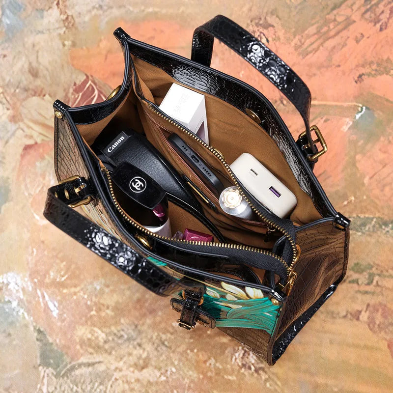 Women's Square Tote Handbag with Fashionable Floral Print, Adjustable Handle, and Zipper Closure Caterina