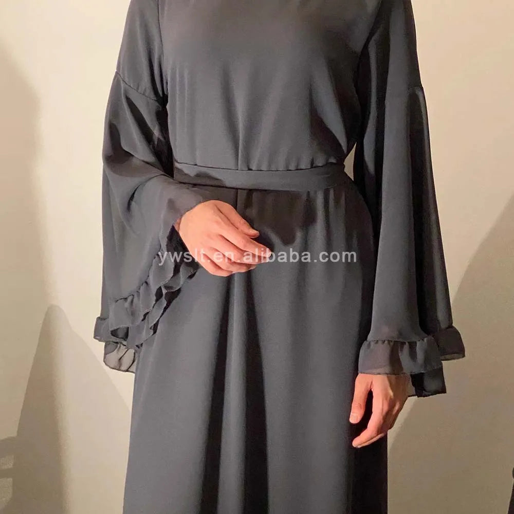 Chiffon Abaya with Ruffled Sleeves – Modest Islamic Clothing for Women | Turkey & Dubai Style Muslim Dress Samira
