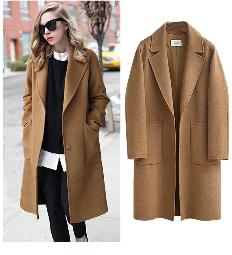 Women's Double-Sided Woolen Coat - Long Loose Jacket with Cotton Filling & Pockets for Autumn Winter Catrina