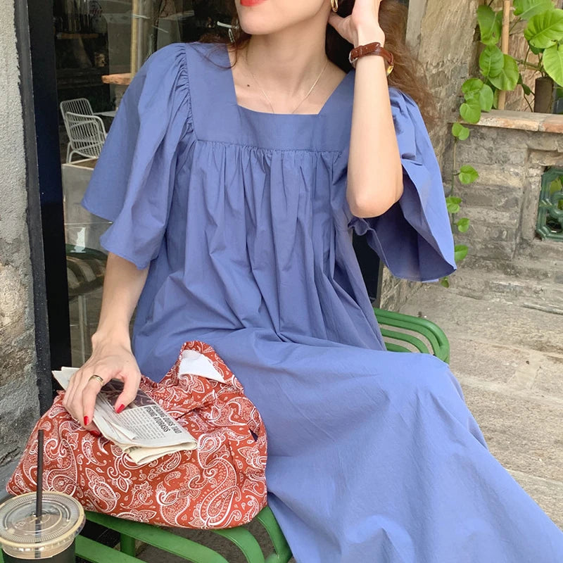 Women Summer Long Dress Minimalist Temperament Square Neck Loose Pleated Flying Sleeves Casual