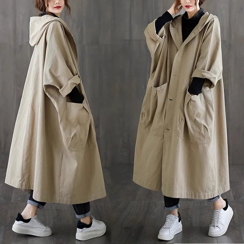 Casual Hooded Women's Coat with Pockets – Loose-Fit Long Autumn Jacket Ruby