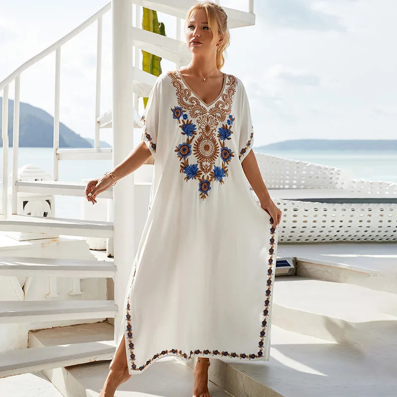 Women’s Embroidered Beach Cover-Up Dress – Long Skirt Gown with Sun Protection