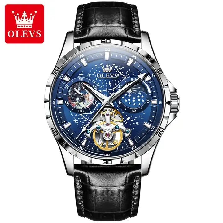 OLEVS 6689 Men's Automatic Mechanical Watch – Luxury Skeleton Design with Starry Sky Dial, Multifunctional Features, Stainless Steel, and Leather Strap