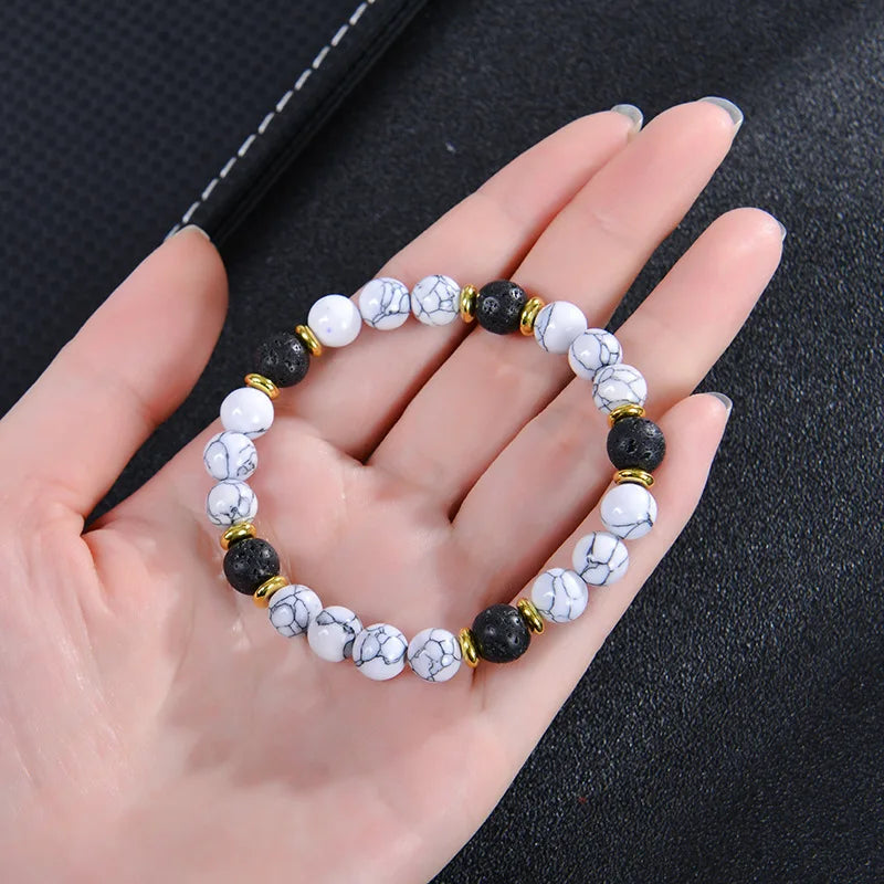 Handmade 8mm White Howlite & Lava Stone Beaded Bracelet | Natural Stone Jewelry for Career, Wealth, Luck & Personal Meaning Lilia