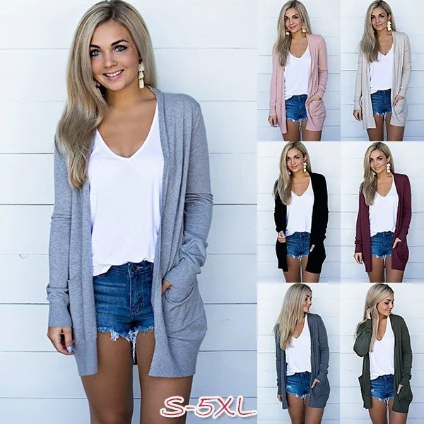 Women's Long Sleeve Solid Knit Cardigan – Loose Mid-Length Coat