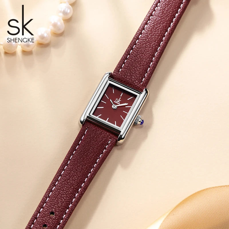 Shengke Women’s Silver Leather Watch – Elegant Ladies’ Quartz Wristwatch with Gift Box Temperance