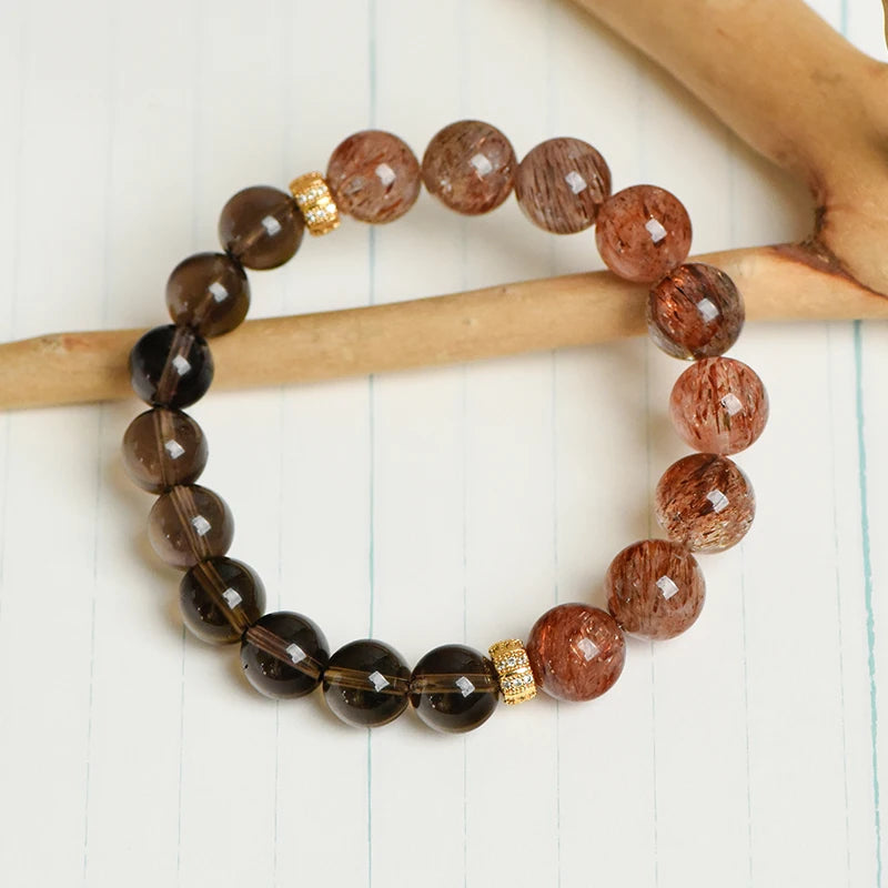 High-Quality Super Seven Energy Bracelet – Natural Smoky Quartz & Black Gold Beaded Religious Jewelry for Healing and Wealth