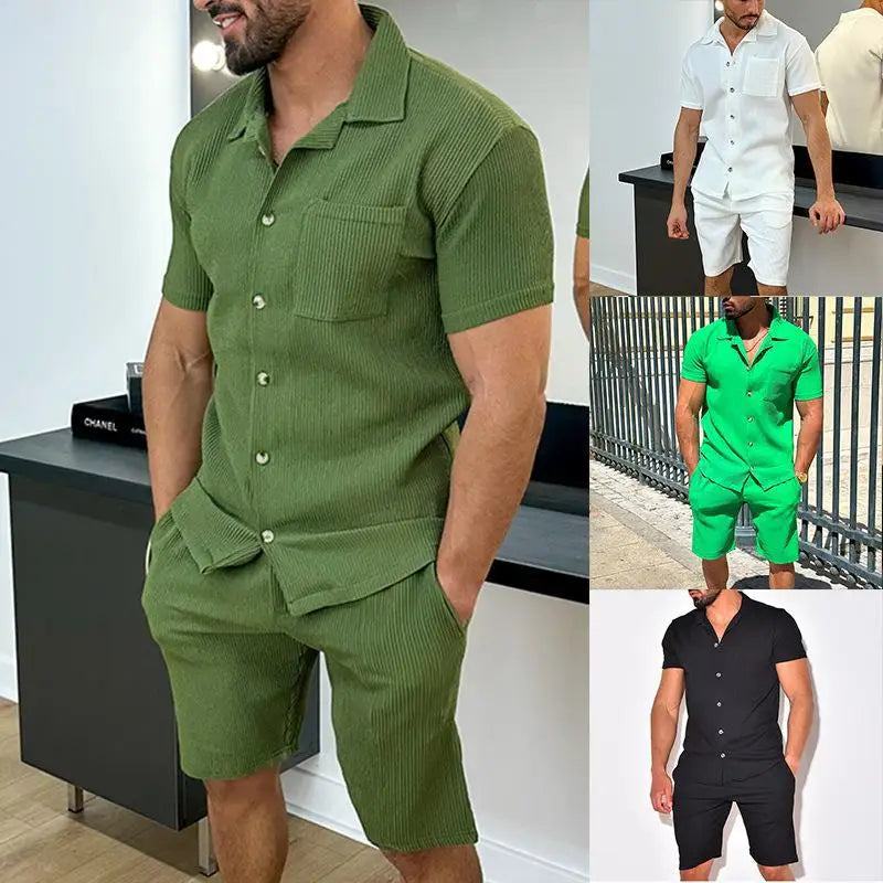 Men's Two-Piece Summer Outfit | Casual Solid Rib Short-Sleeve Shirt & Shorts with Drawstring Pockets - Perfect for Beach & Holidays Matthew
