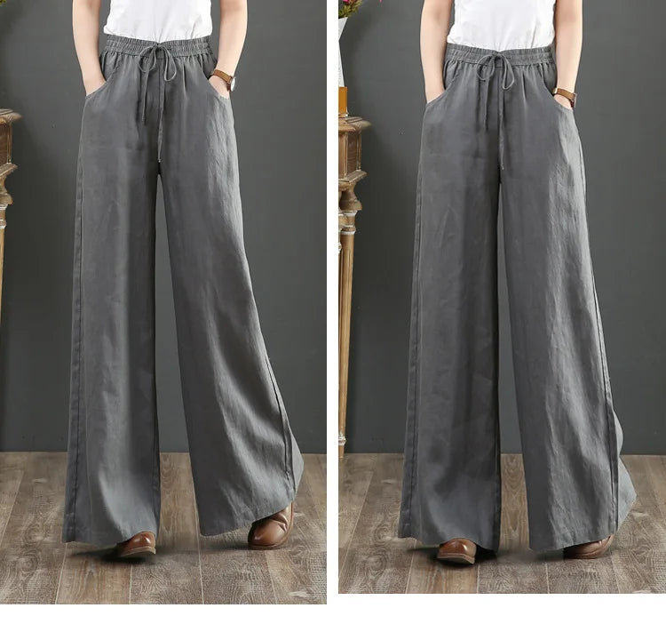 Women's Retro High-Waist Wide-Leg Cotton Linen Pants - Loose Fit, Plus Size Casual Trousers
