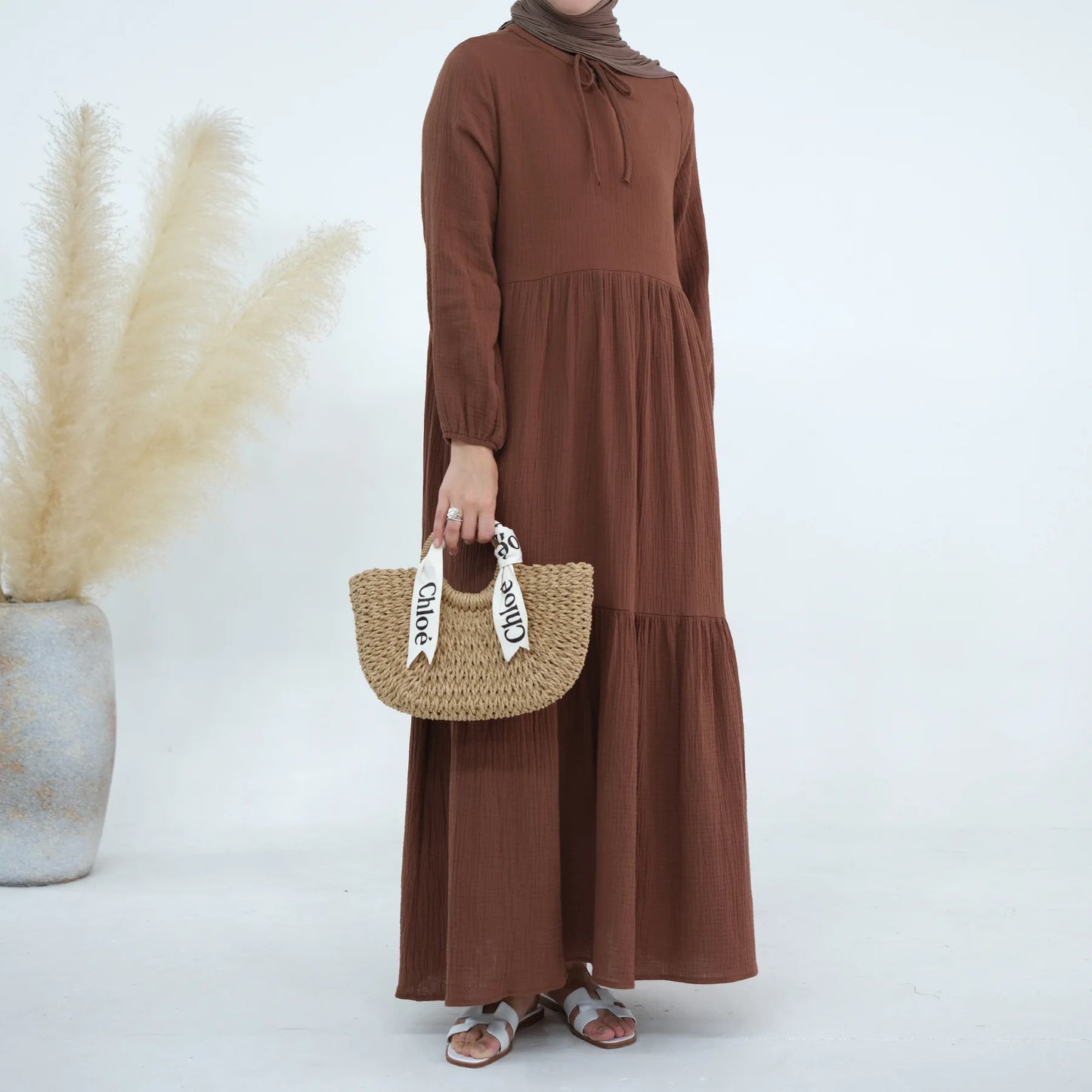 Women’s Cotton Long-Sleeve Dress – Casual Abaya Muslim Clothing