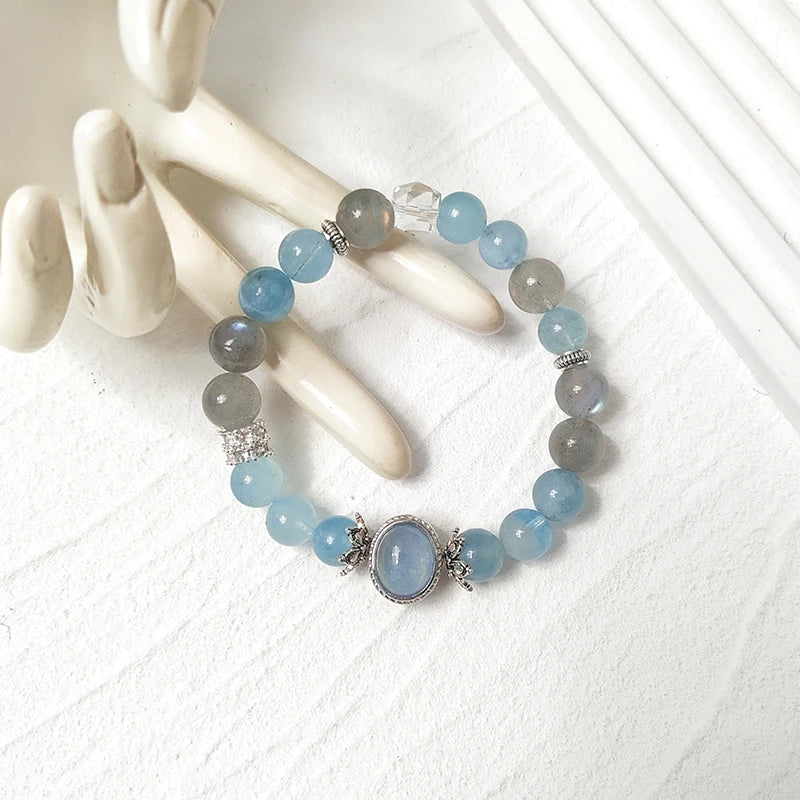 Trendy Spiritual Gem Bracelet – Aquamarine, Gray Moonstone, Clear Quartz for Calm, Intuition & Chakra Balancing