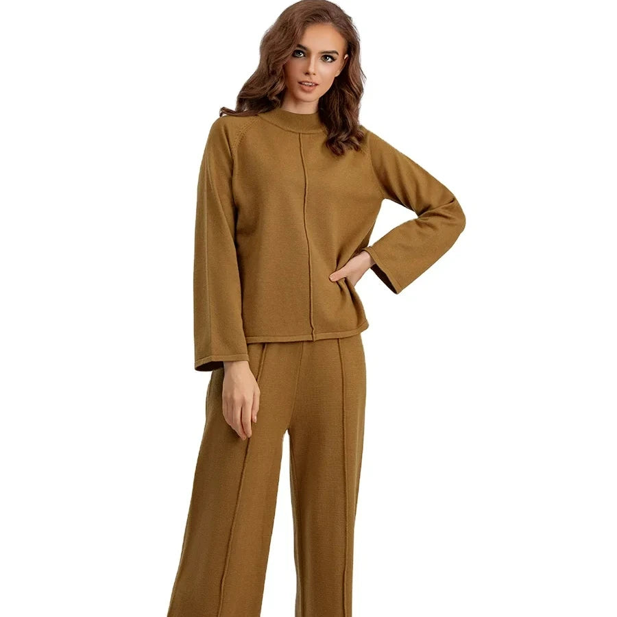 Women's Knitted Loose-Fit Pullover Sweater & Wide-Leg Pants Set – Solid Color, Casual Knitwear for Home and Lounge Ashlyn